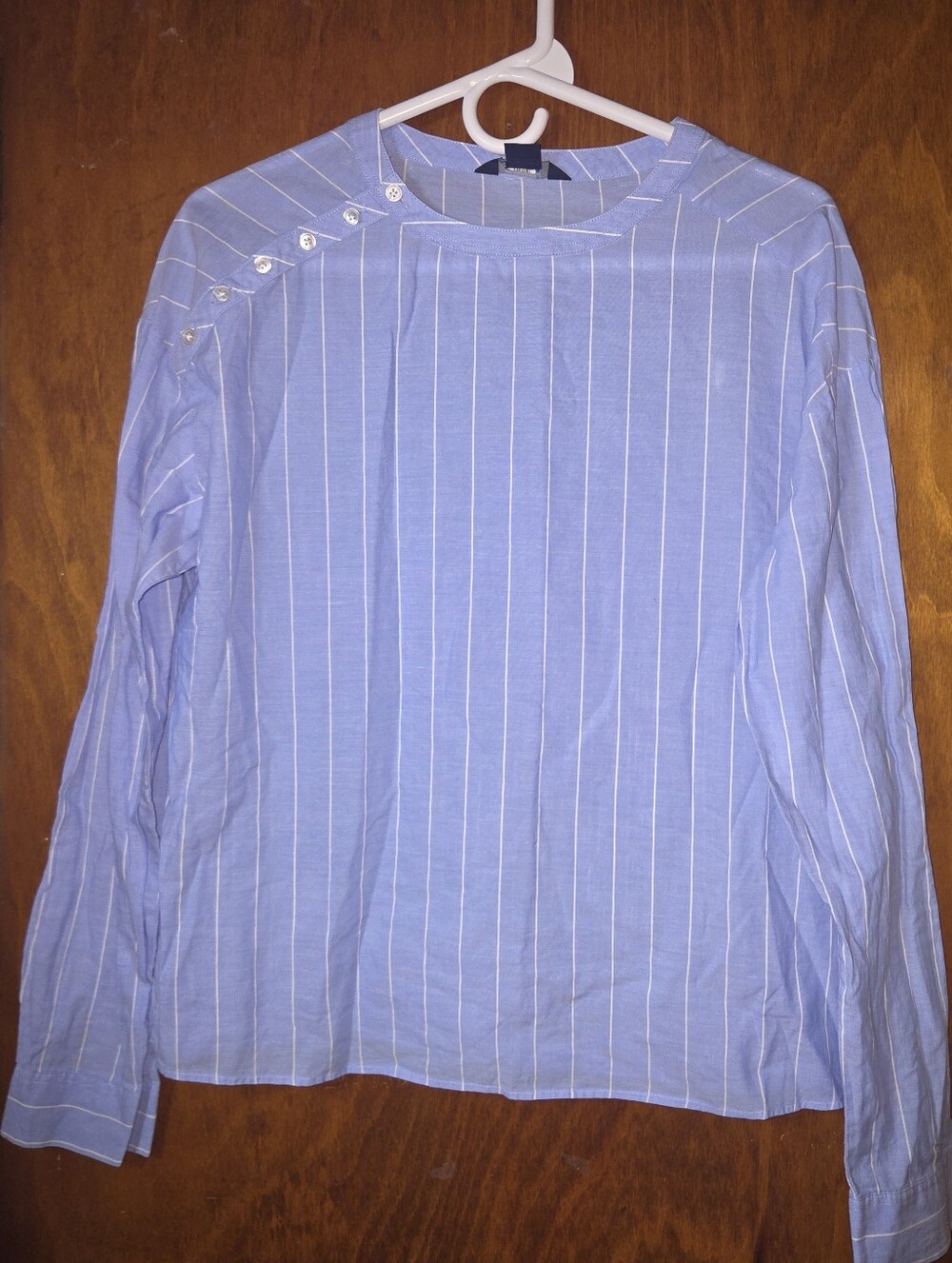 Sabie Blue White Vertical Striped Blouse Shoulder Button Accent Top Size M